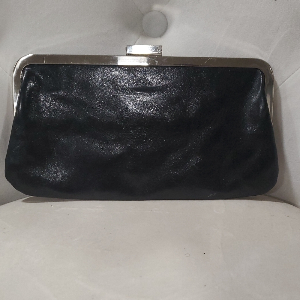HOBO Black Leather Clutch with Silver Frame